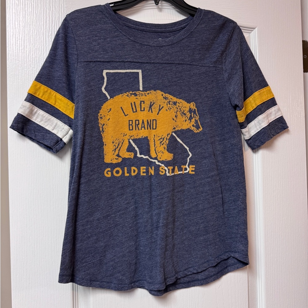 Lucky Brand Navy and Gold Bear Graphic Tee